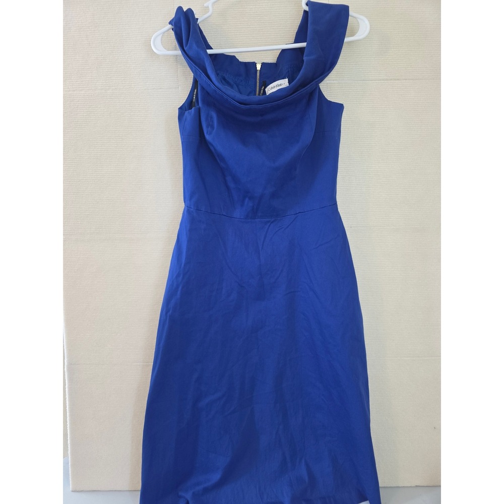 Calvin Klein Womens Royal Blue Off The Shoulder Portrait Neckline Flare Dress 4